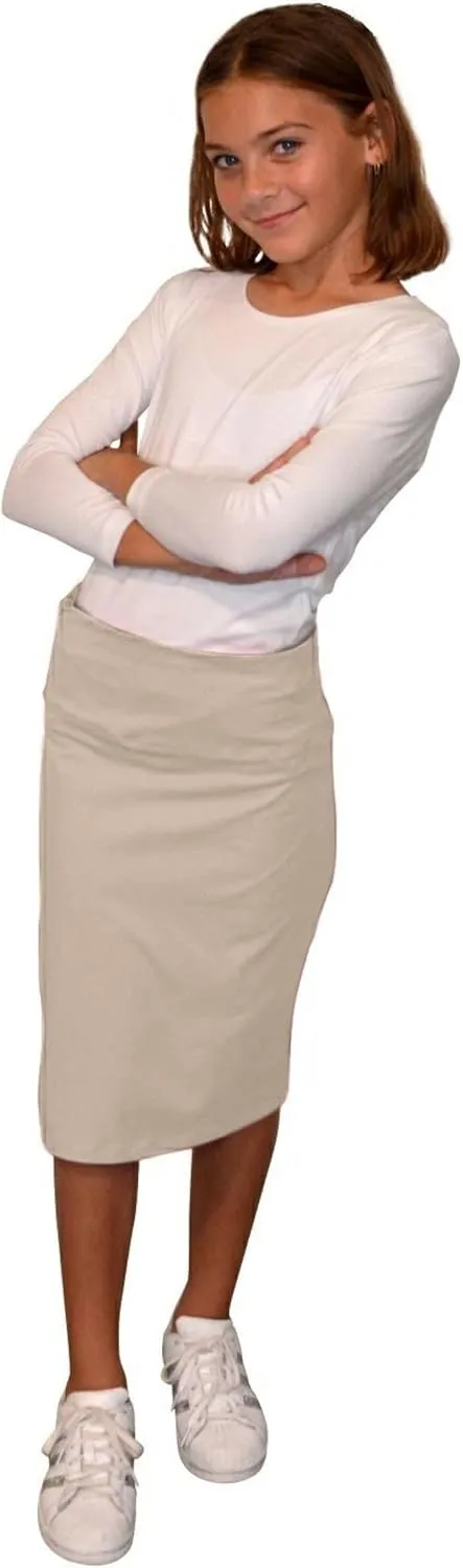 Kosher Casual Kids Big Girls Modest Knee Length Stretch Pencil Skirt in Lightweight Cotton Spandex