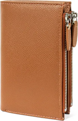 KOTORA Small Wallets for Women Leather RFID Blocking Bifold Zipper Coin Pocket Wallet Card Case Holder Minimalist Clutch Handbag Purse (Medium-Brown)