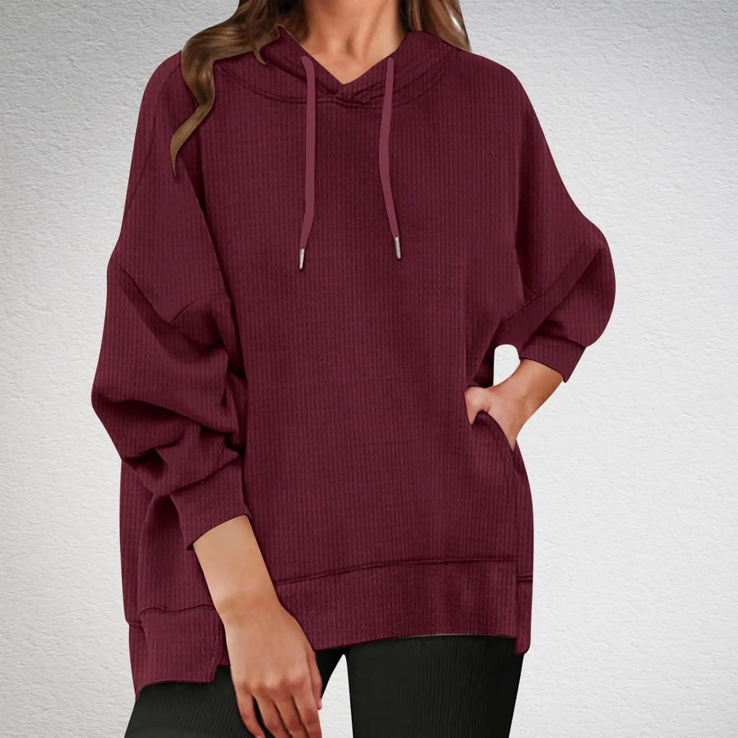 Ladies Oversized Hoodies Casual Long Sleeve Drawstring Waffle Pullover Tops Preppy Sweatshirt Fall Trendy Clothes