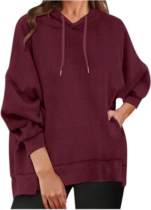 Ladies Oversized Hoodies Casual Long Sleeve Drawstring Waffle Pullover Tops Preppy Sweatshirt Fall Trendy Clothes
