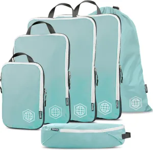 Large Compression Packing Cubes 6 Piece Set for Travel with Lightweight Laundry Bag for Carry-On Suitcase by TRIPPED Travel Gear (Teal/White)