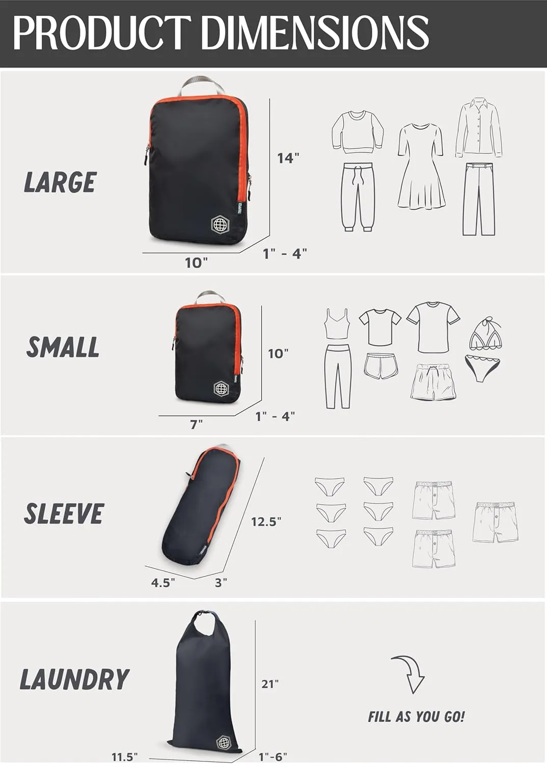 Large Compression Packing Cubes 6 Piece Set for Travel with Lightweight Laundry Bag/Drawstring Backpack for Carry-On Suitcase (Grey/Orange)