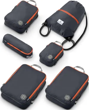 Large Compression Packing Cubes 6 Piece Set for Travel with Lightweight Laundry Bag/Drawstring Backpack for Carry-On Suitcase (Grey/Orange)
