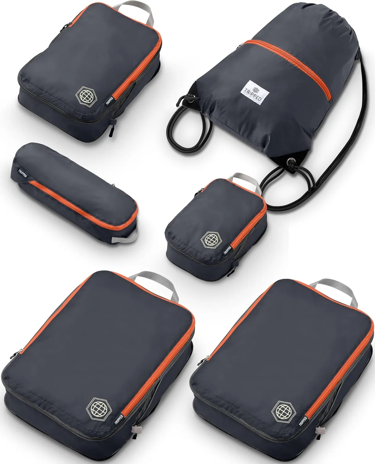 Large Compression Packing Cubes 6 Piece Set for Travel with Lightweight Laundry Bag/Drawstring Backpack for Carry-On Suitcase (Grey/Orange)