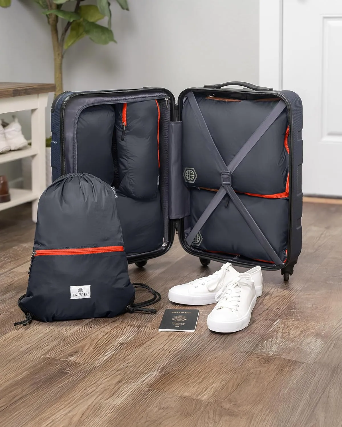 Large Compression Packing Cubes 6 Piece Set for Travel with Lightweight Laundry Bag/Drawstring Backpack for Carry-On Suitcase (Grey/Orange)