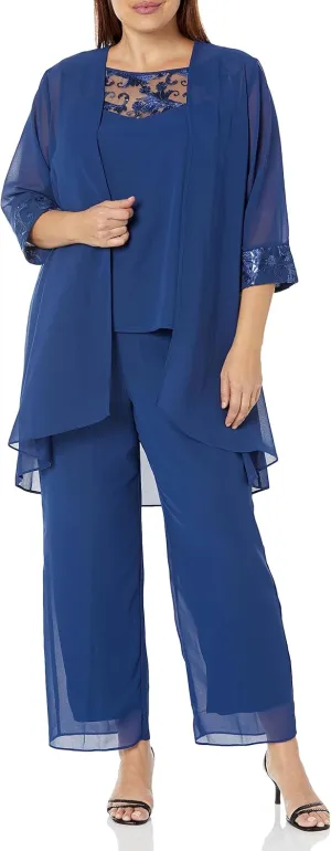 Le Bos Women's 3-Piece Pant Set with Lace Accents and Elegant Chiffon Cardigan