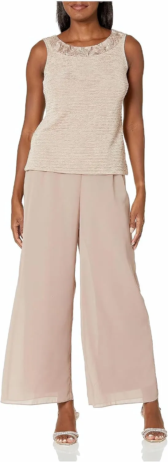 Le Bos Women's Elegant 3-Piece Georgette Pant Set with Sequin Embroidered Trim