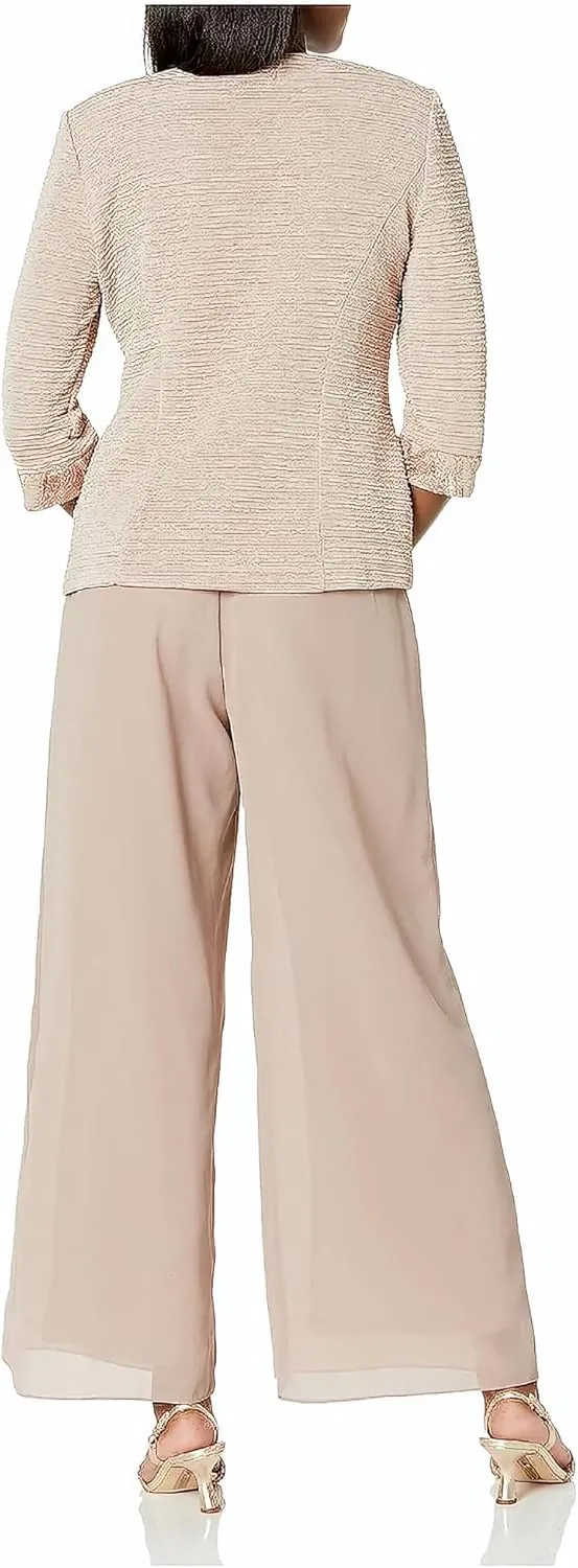 Le Bos Women's Elegant 3-Piece Georgette Pant Set with Sequin Embroidered Trim