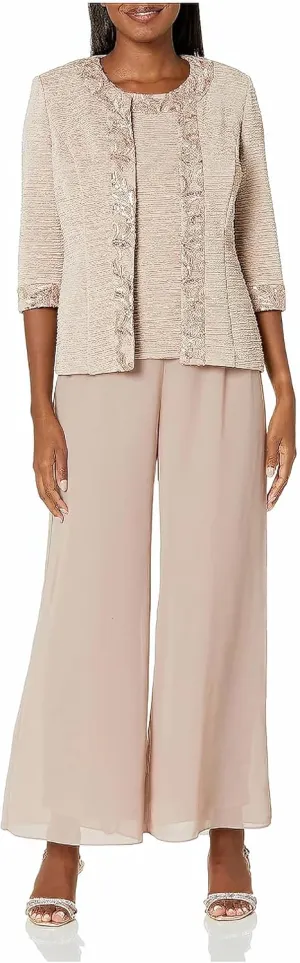 Le Bos Women's Elegant 3-Piece Georgette Pant Set with Sequin Embroidered Trim