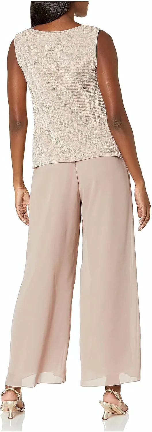 Le Bos Women's Elegant 3-Piece Georgette Pant Set with Sequin Embroidered Trim