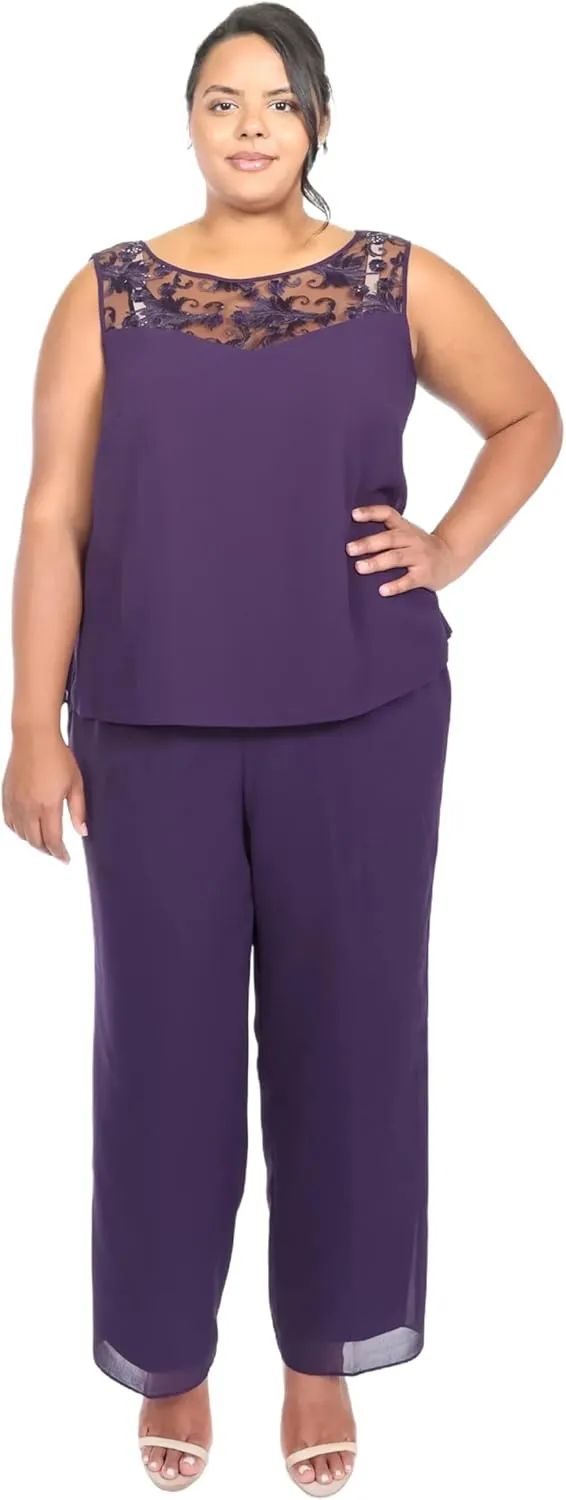 Le Bos Women's Plus Size 3-Piece Pant Set with Lace Accents and Elegant Chiffon Cardigan