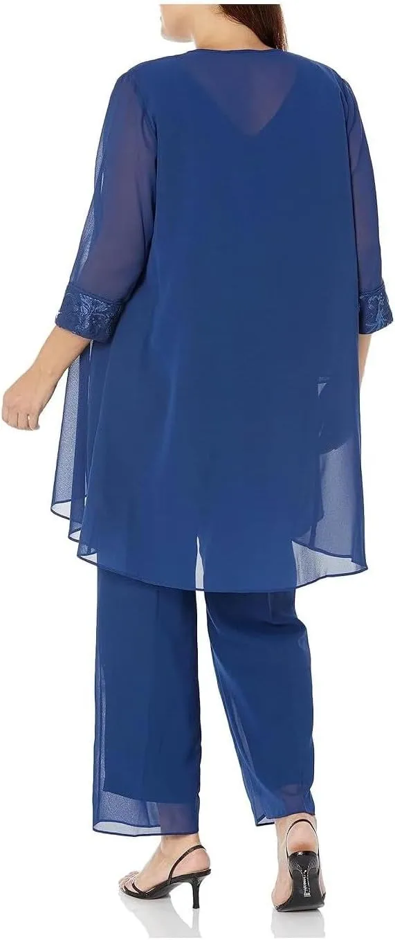 Le Bos Women's Plus Size 3-Piece Pant Set with Lace Accents and Elegant Chiffon Cardigan