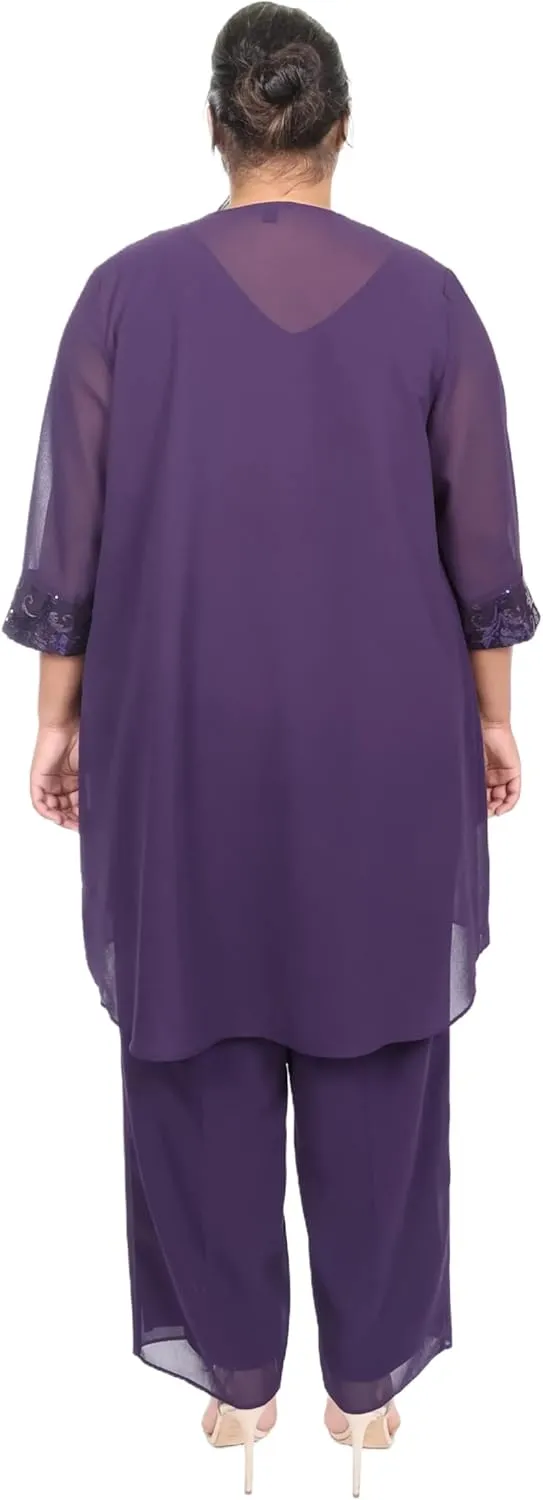 Le Bos Women's Plus Size 3-Piece Pant Set with Lace Accents and Elegant Chiffon Cardigan