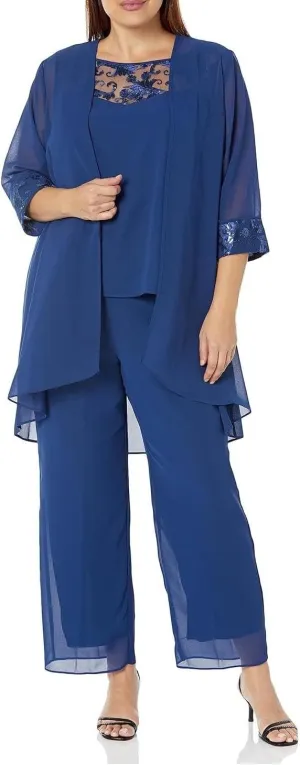 Le Bos Women's Plus Size 3-Piece Pant Set with Lace Accents and Elegant Chiffon Cardigan