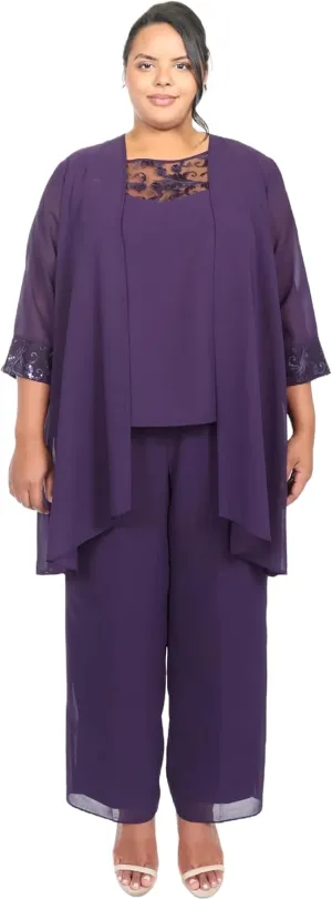 Le Bos Women's Plus Size 3-Piece Pant Set with Lace Accents and Elegant Chiffon Cardigan