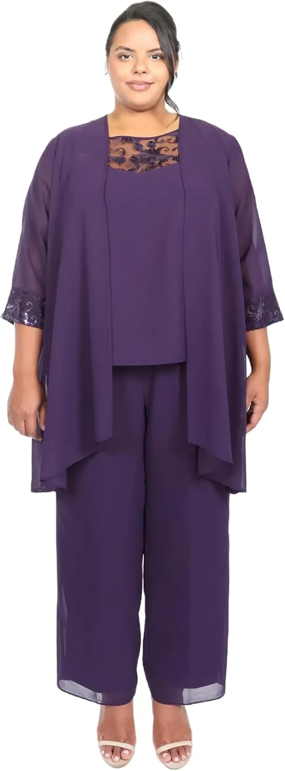 Le Bos Women's Plus Size 3-Piece Pant Set with Lace Accents and Elegant Chiffon Cardigan