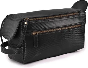 LEATHER VILLAGE Premium Carbon Fiber Leather Travel Toiletry Bag - Large Compact Dopp Kit, Water-Resistance Shaving & Cosmetic Organizer for Men & Women - Black