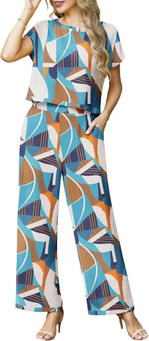 Lepunuo 2 Piece Sets for Women Summer Cap Sleeve Crop Top Wide Leg Pants Matching Lounge Set Vacation Beach Travel Outfits