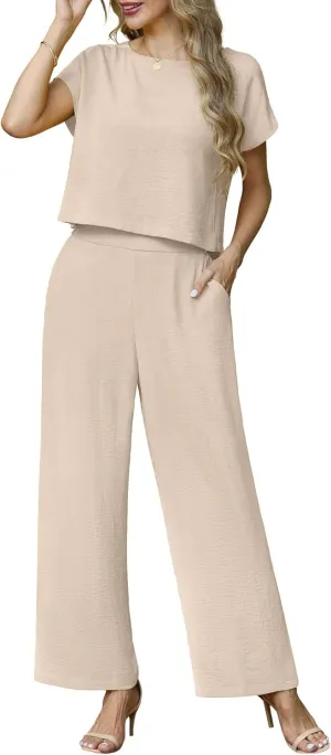 Lepunuo 2 Piece Sets for Women Summer Cap Sleeve Crop Top Wide Leg Pants Matching Lounge Set Vacation Beach Travel Outfits