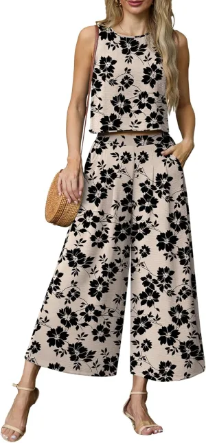 Lepunuo Womens Summer 2 Piece Outfits Sleeveless Crop Top Flowy Wide Leg Pants Matching Sets Vacation Beach Travel Outfits