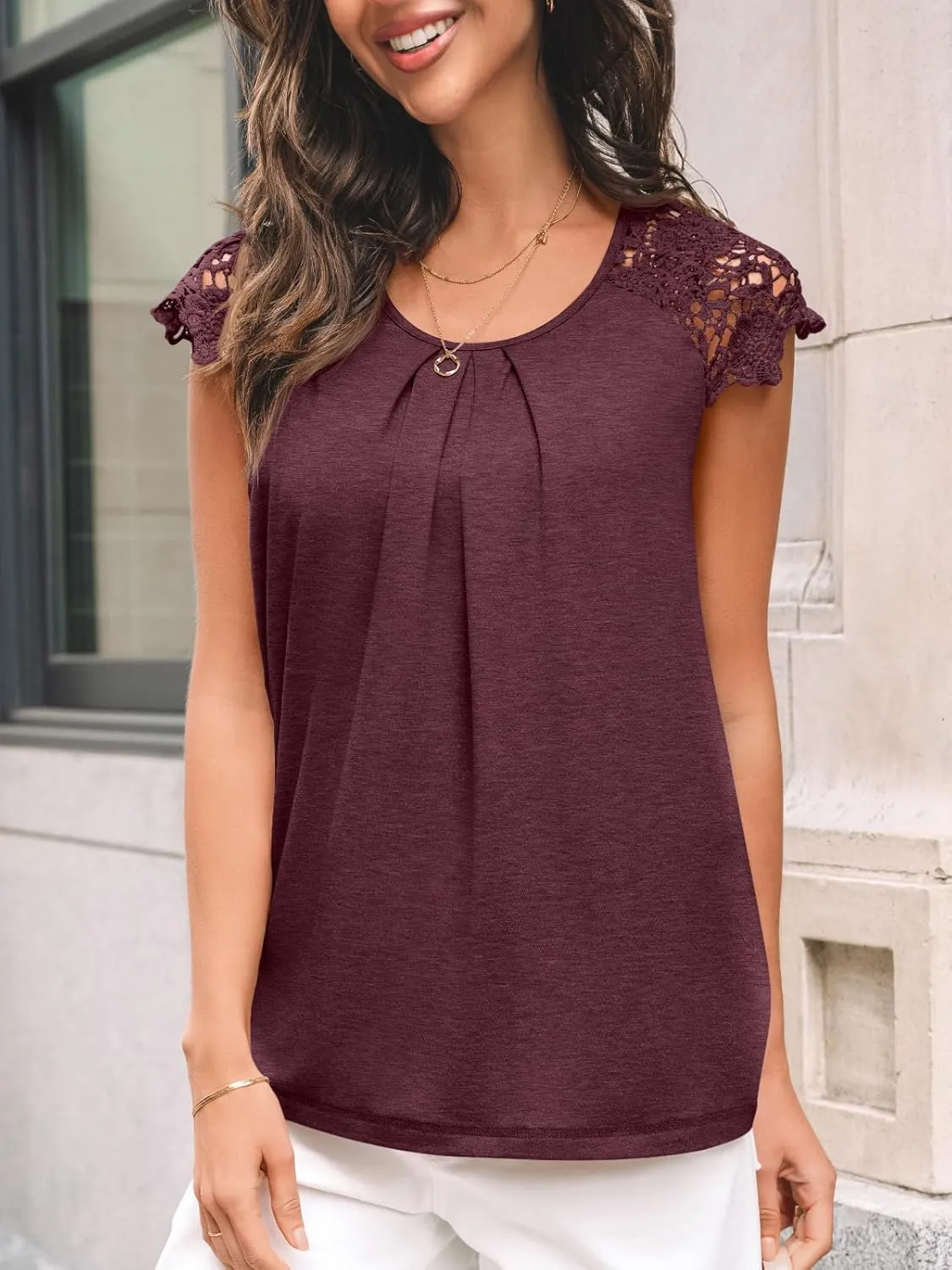 LILLUSORY Lace Short Sleeve Shirts Womens Summer Crew Neck Tops Casual Dressy Tshirt Blouses