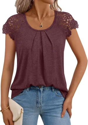 LILLUSORY Lace Short Sleeve Shirts Womens Summer Crew Neck Tops Casual Dressy Tshirt Blouses