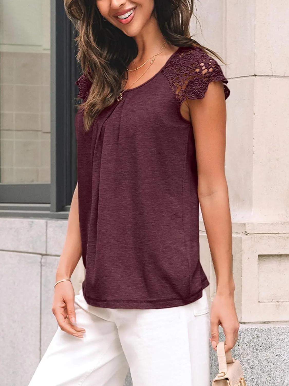 LILLUSORY Lace Short Sleeve Shirts Womens Summer Crew Neck Tops Casual Dressy Tshirt Blouses
