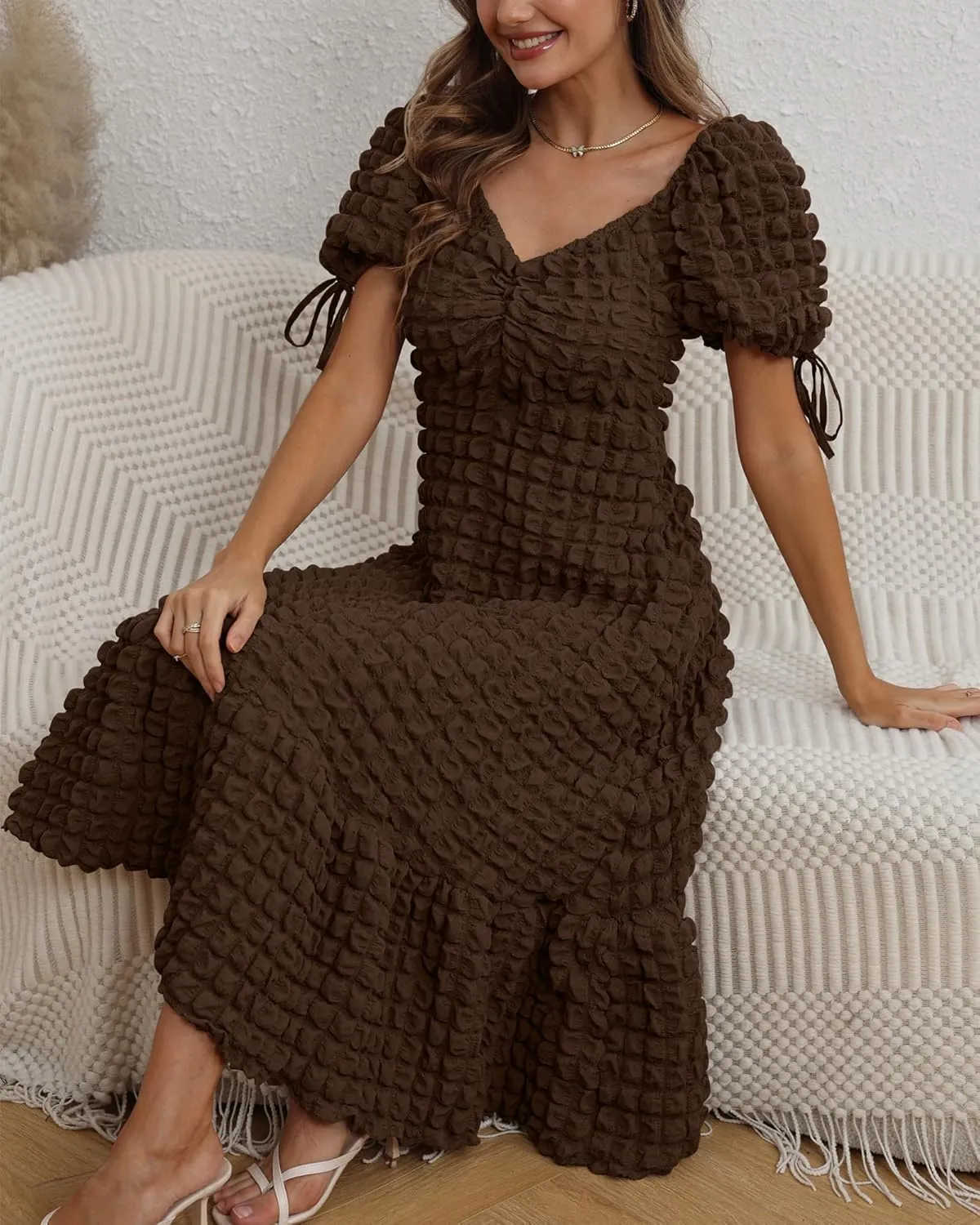 Locachy Womens Casual Summer Dresses 2024 Boho Short Sleeve V Neck Sundresses Backless Long Textured Maxi Dress