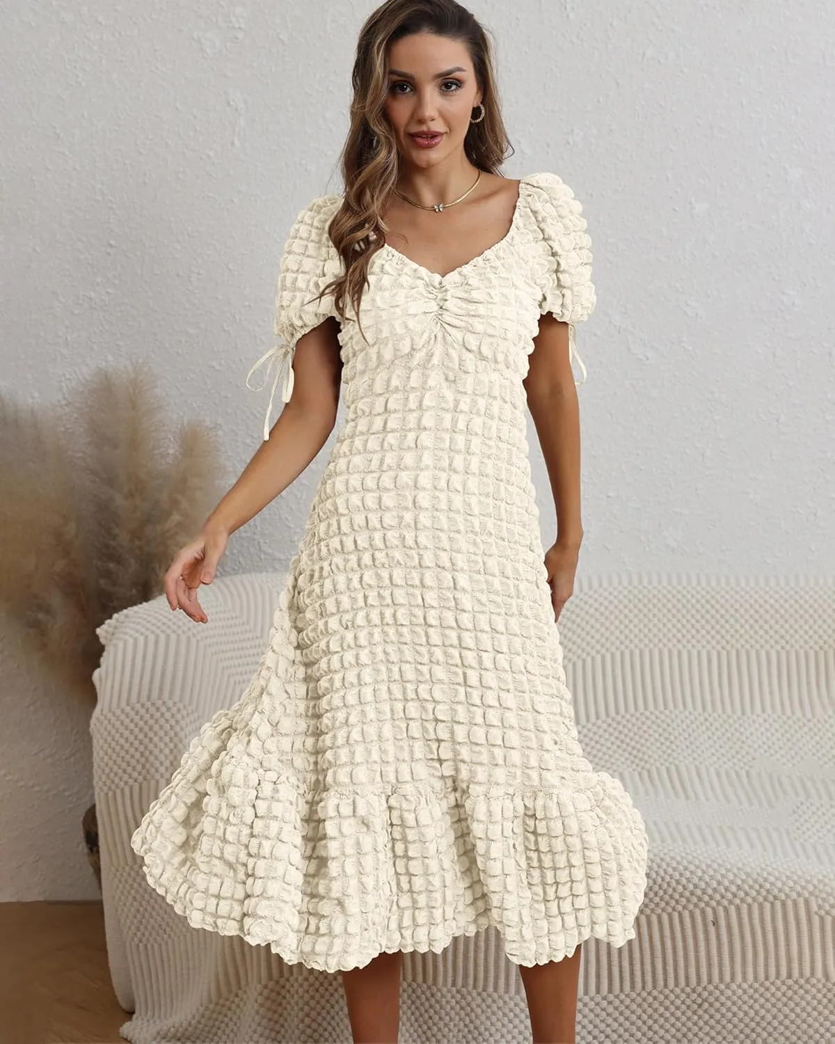 Locachy Womens Casual Summer Dresses 2024 Boho Short Sleeve V Neck Sundresses Backless Long Textured Maxi Dress
