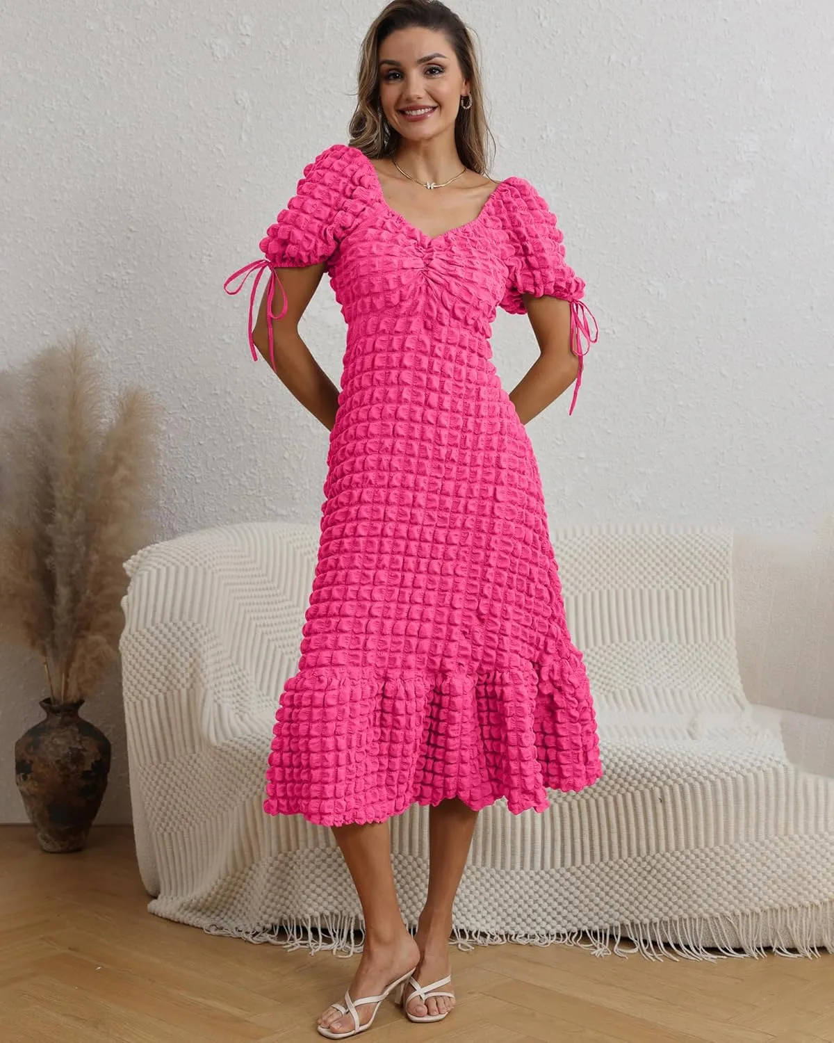 Locachy Womens Casual Summer Dresses 2024 Boho Short Sleeve V Neck Sundresses Backless Long Textured Maxi Dress