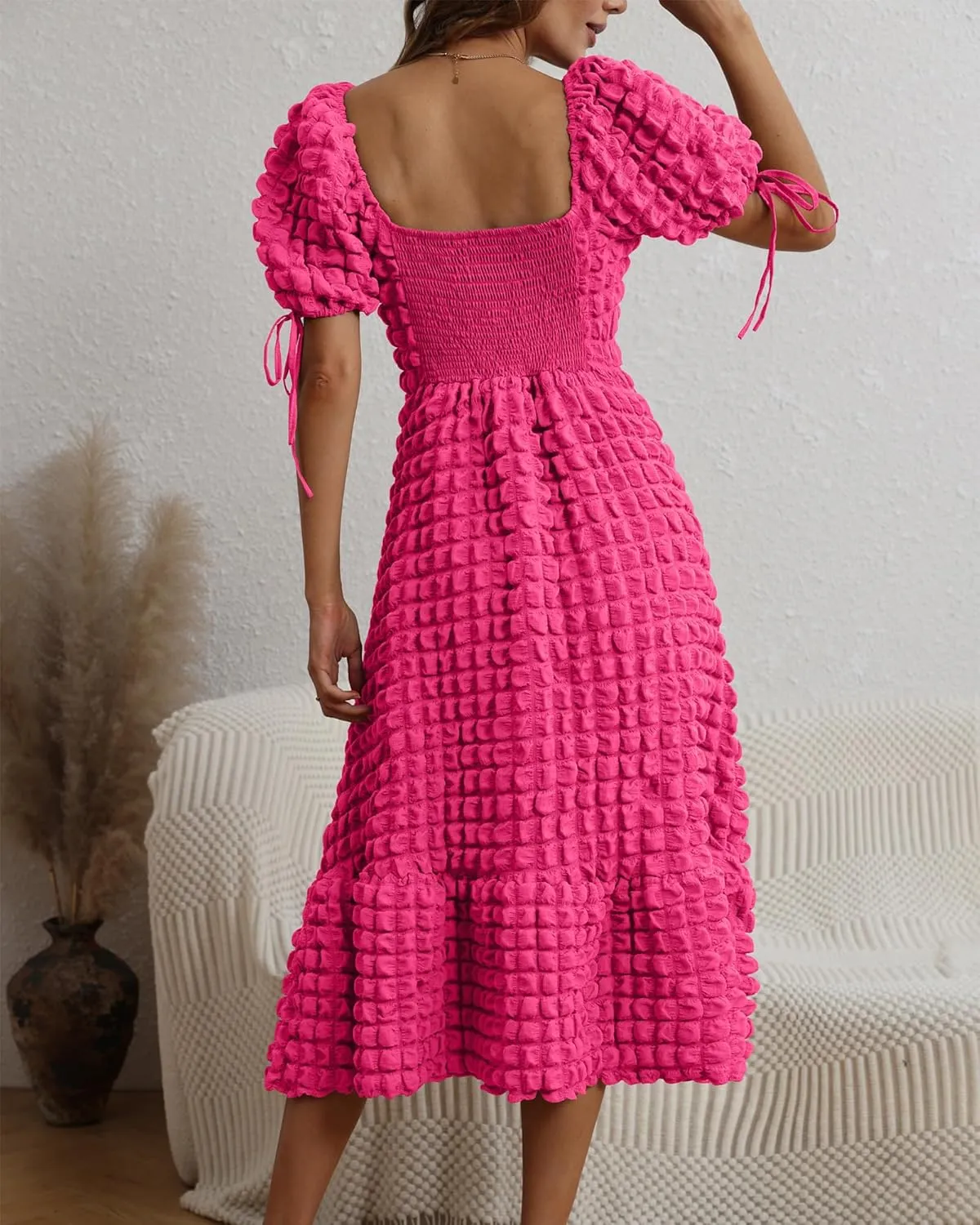 Locachy Womens Casual Summer Dresses 2024 Boho Short Sleeve V Neck Sundresses Backless Long Textured Maxi Dress