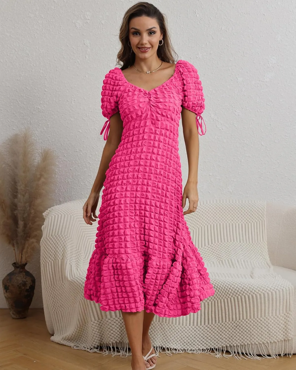 Locachy Womens Casual Summer Dresses 2024 Boho Short Sleeve V Neck Sundresses Backless Long Textured Maxi Dress