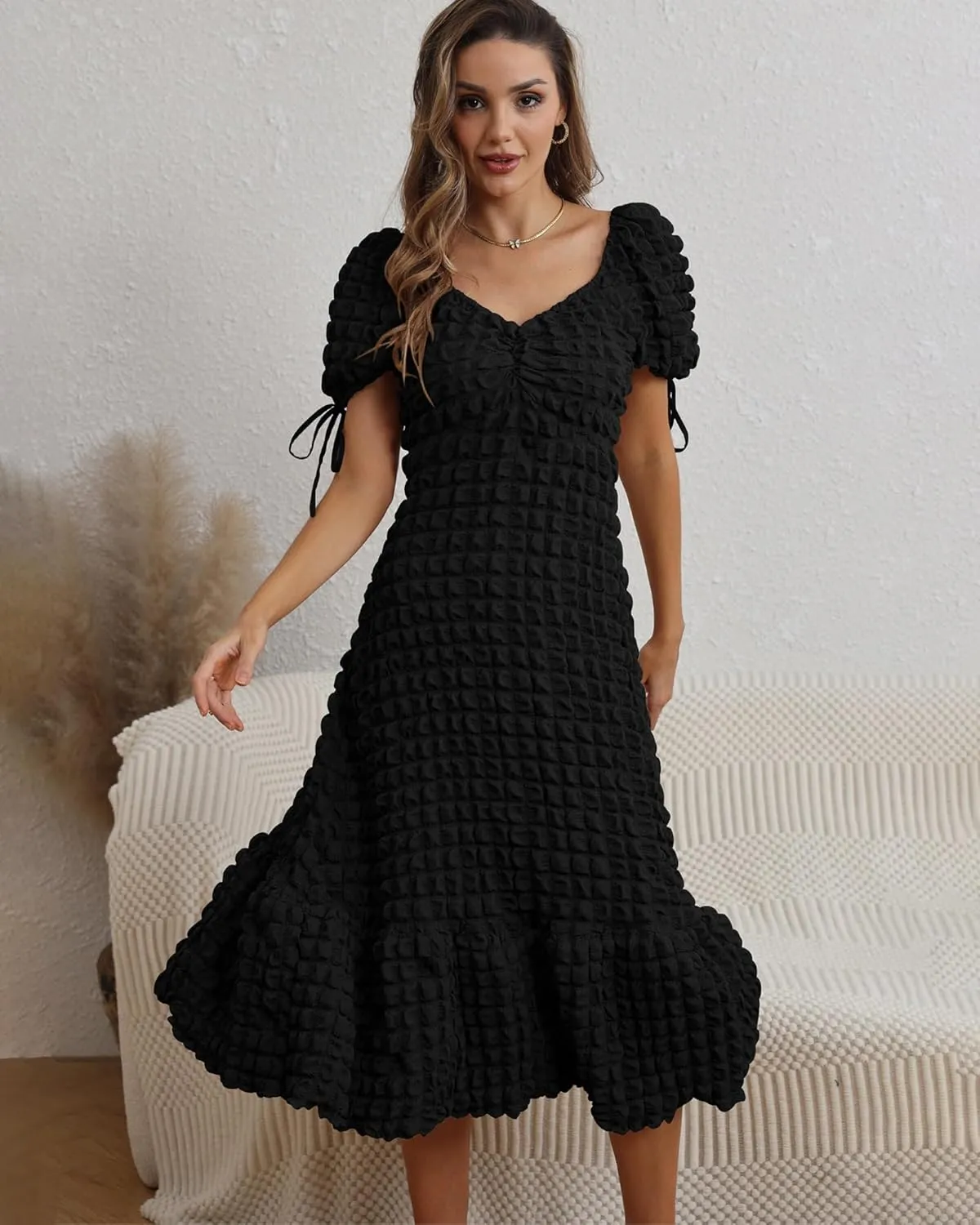 Locachy Womens Casual Summer Dresses 2024 Boho Short Sleeve V Neck Sundresses Backless Long Textured Maxi Dress