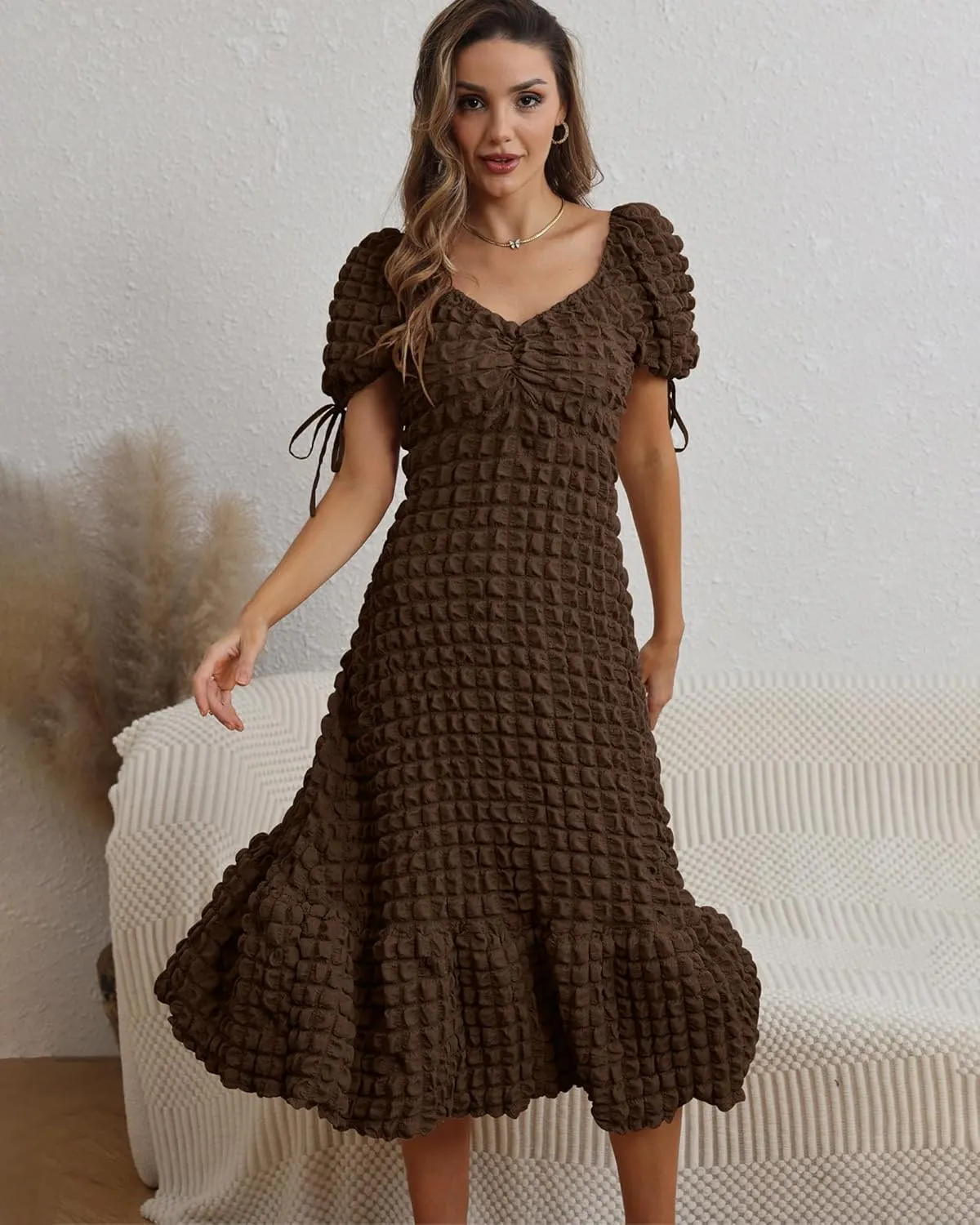 Locachy Womens Casual Summer Dresses 2024 Boho Short Sleeve V Neck Sundresses Backless Long Textured Maxi Dress