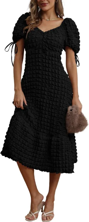 Locachy Womens Casual Summer Dresses 2024 Boho Short Sleeve V Neck Sundresses Backless Long Textured Maxi Dress
