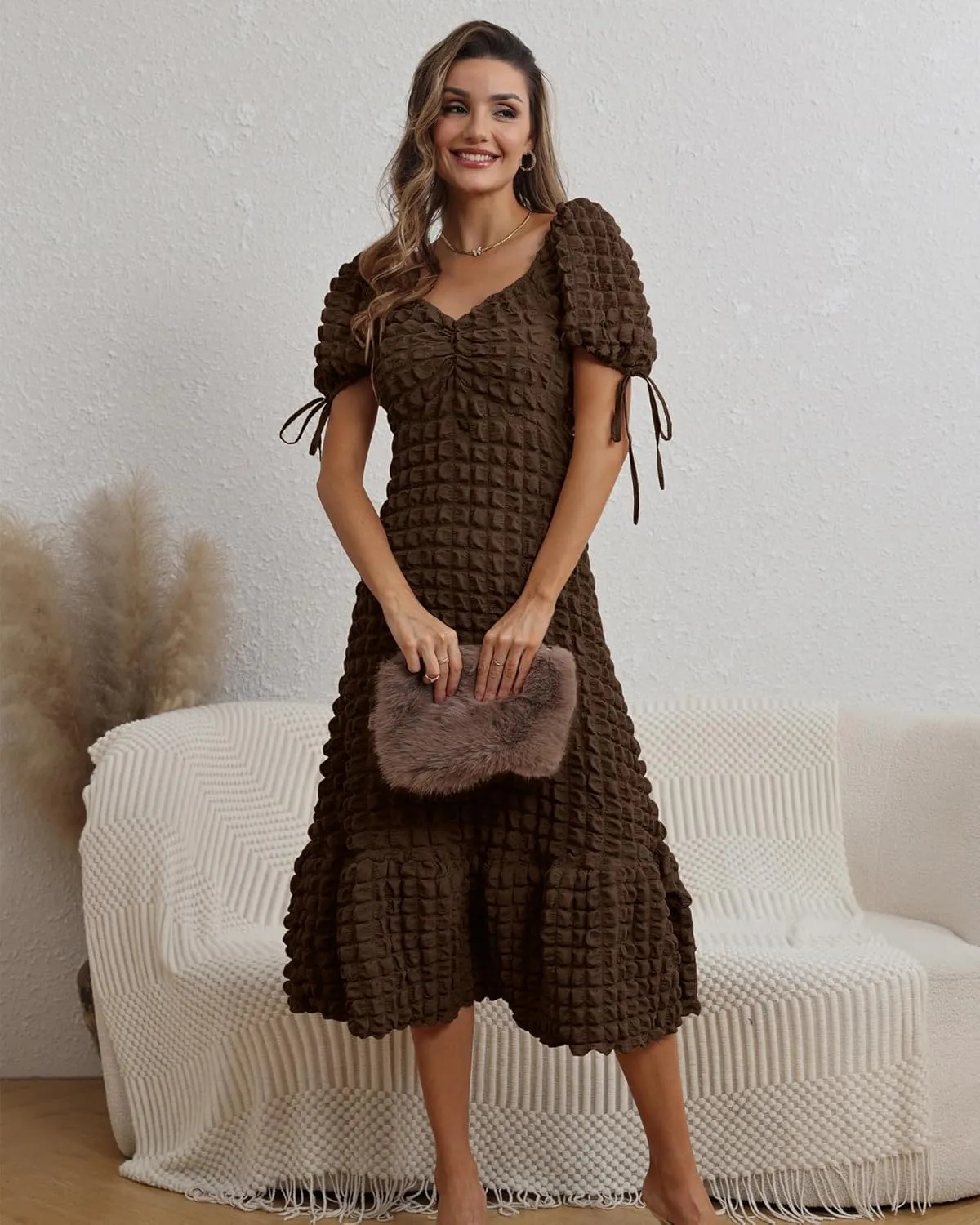 Locachy Womens Casual Summer Dresses 2024 Boho Short Sleeve V Neck Sundresses Backless Long Textured Maxi Dress