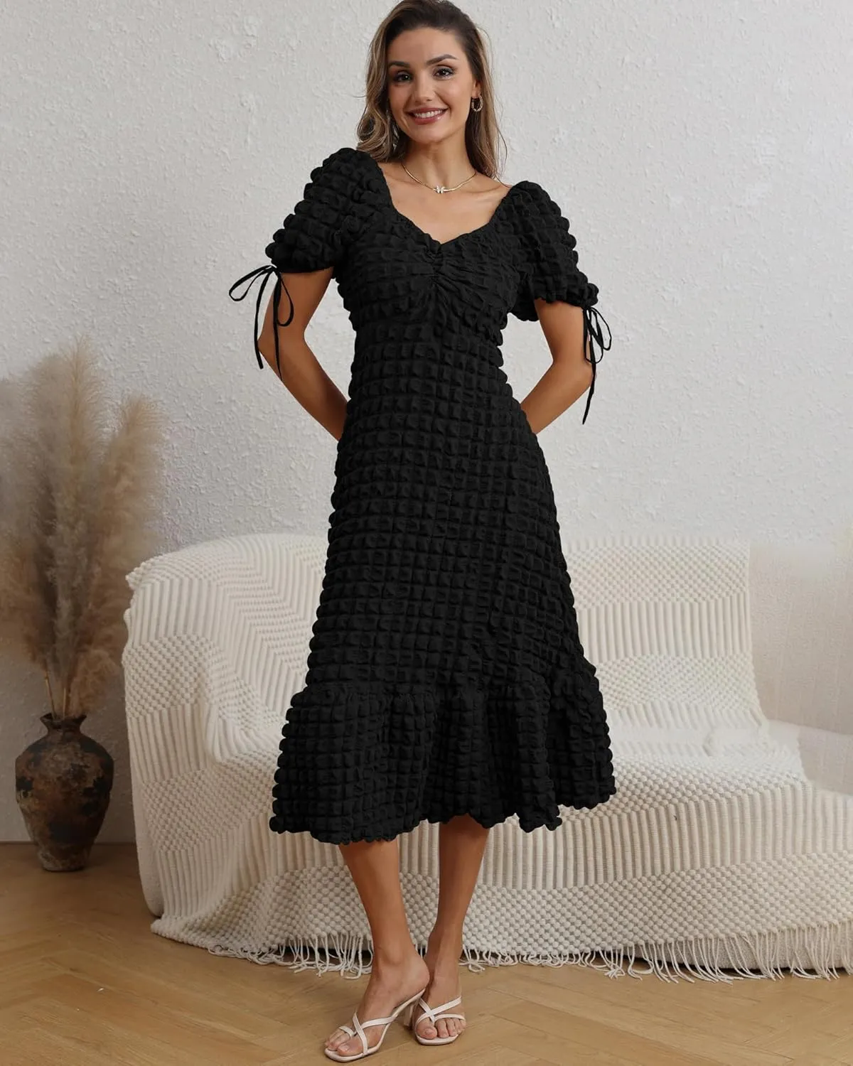 Locachy Womens Casual Summer Dresses 2024 Boho Short Sleeve V Neck Sundresses Backless Long Textured Maxi Dress