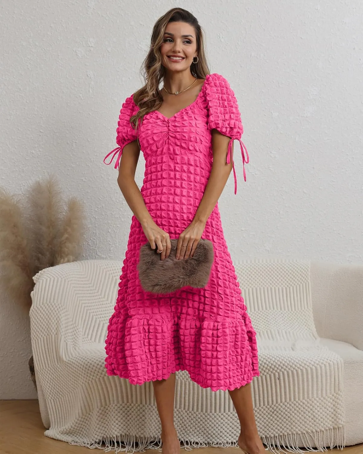 Locachy Womens Casual Summer Dresses 2024 Boho Short Sleeve V Neck Sundresses Backless Long Textured Maxi Dress