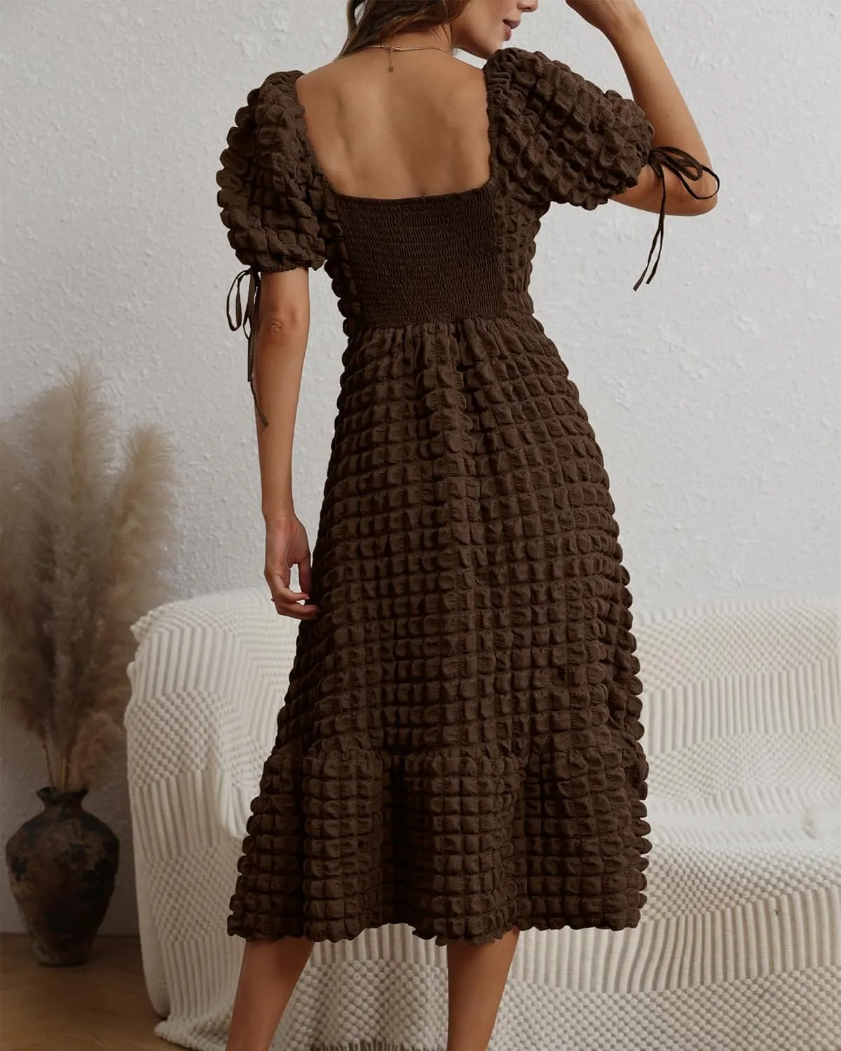 Locachy Womens Casual Summer Dresses 2024 Boho Short Sleeve V Neck Sundresses Backless Long Textured Maxi Dress