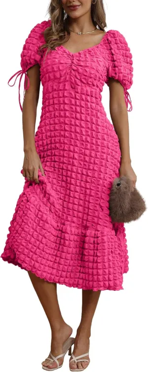 Locachy Womens Casual Summer Dresses 2024 Boho Short Sleeve V Neck Sundresses Backless Long Textured Maxi Dress