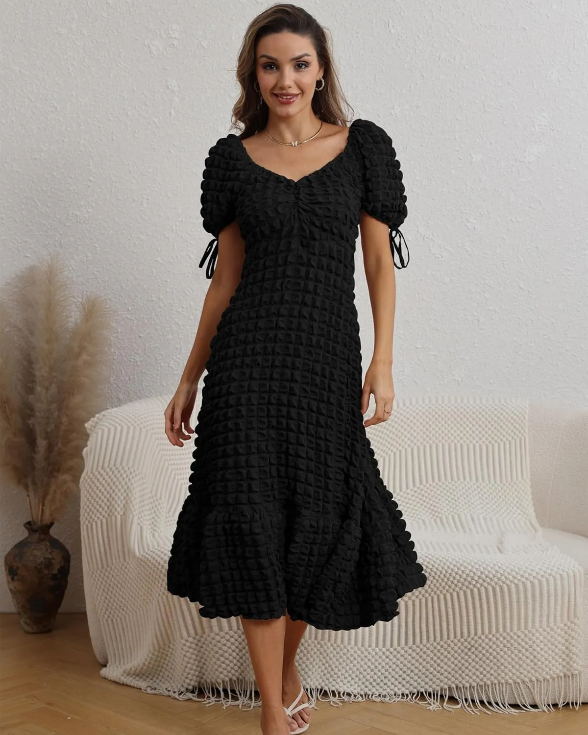 Locachy Womens Casual Summer Dresses 2024 Boho Short Sleeve V Neck Sundresses Backless Long Textured Maxi Dress