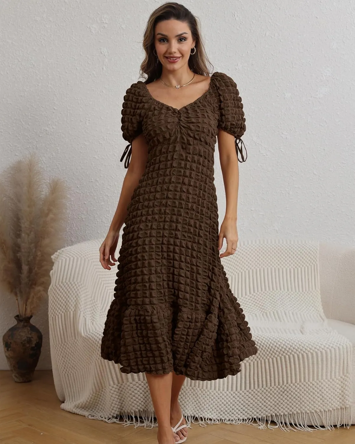 Locachy Womens Casual Summer Dresses 2024 Boho Short Sleeve V Neck Sundresses Backless Long Textured Maxi Dress
