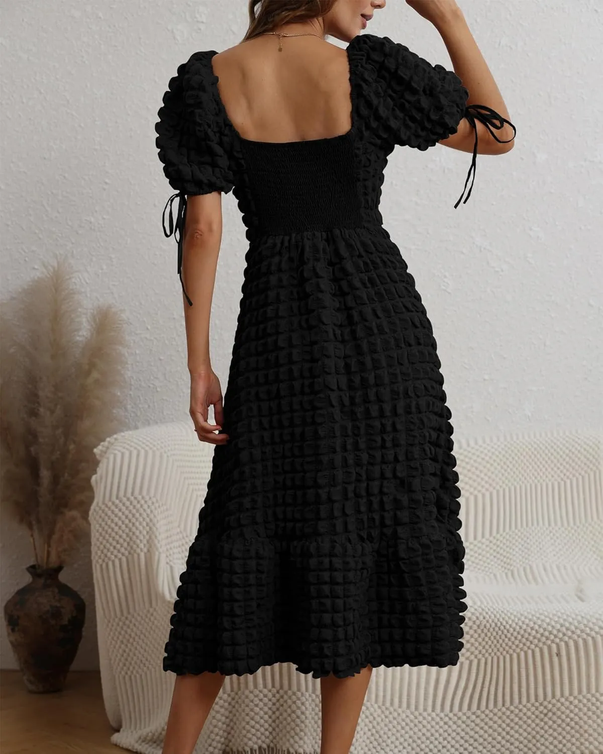 Locachy Womens Casual Summer Dresses 2024 Boho Short Sleeve V Neck Sundresses Backless Long Textured Maxi Dress
