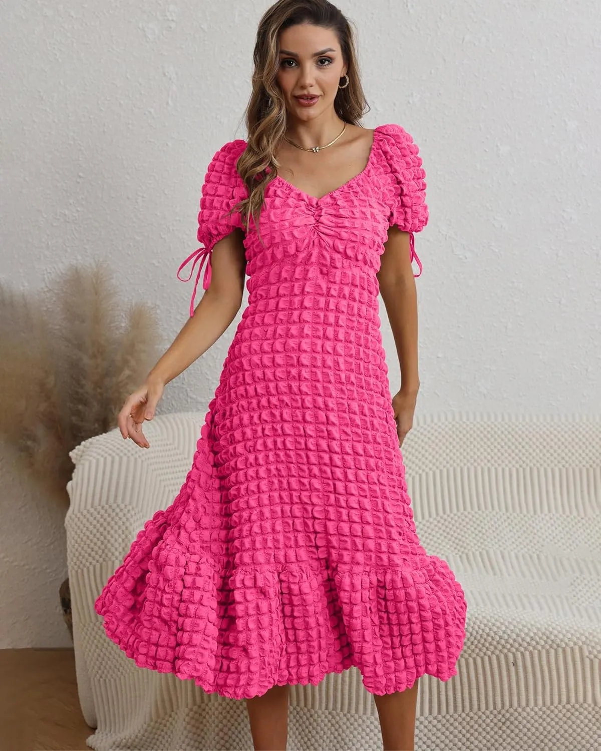 Locachy Womens Casual Summer Dresses 2024 Boho Short Sleeve V Neck Sundresses Backless Long Textured Maxi Dress