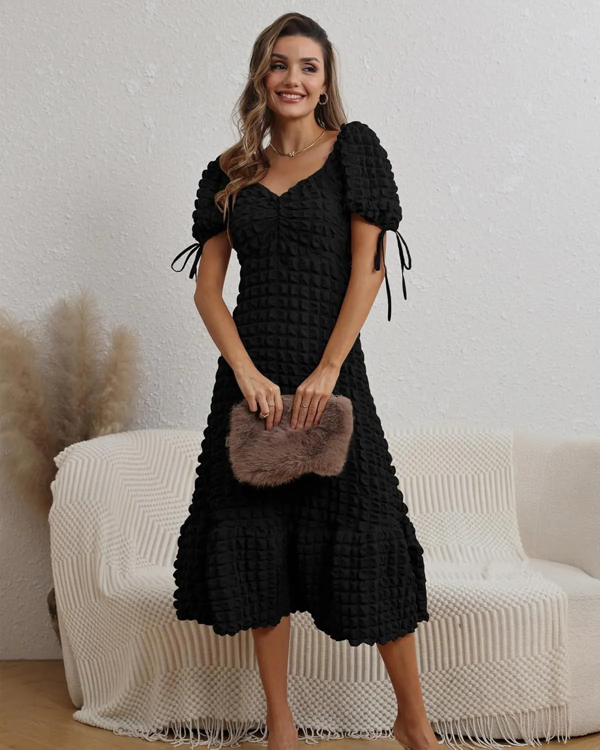 Locachy Womens Casual Summer Dresses 2024 Boho Short Sleeve V Neck Sundresses Backless Long Textured Maxi Dress