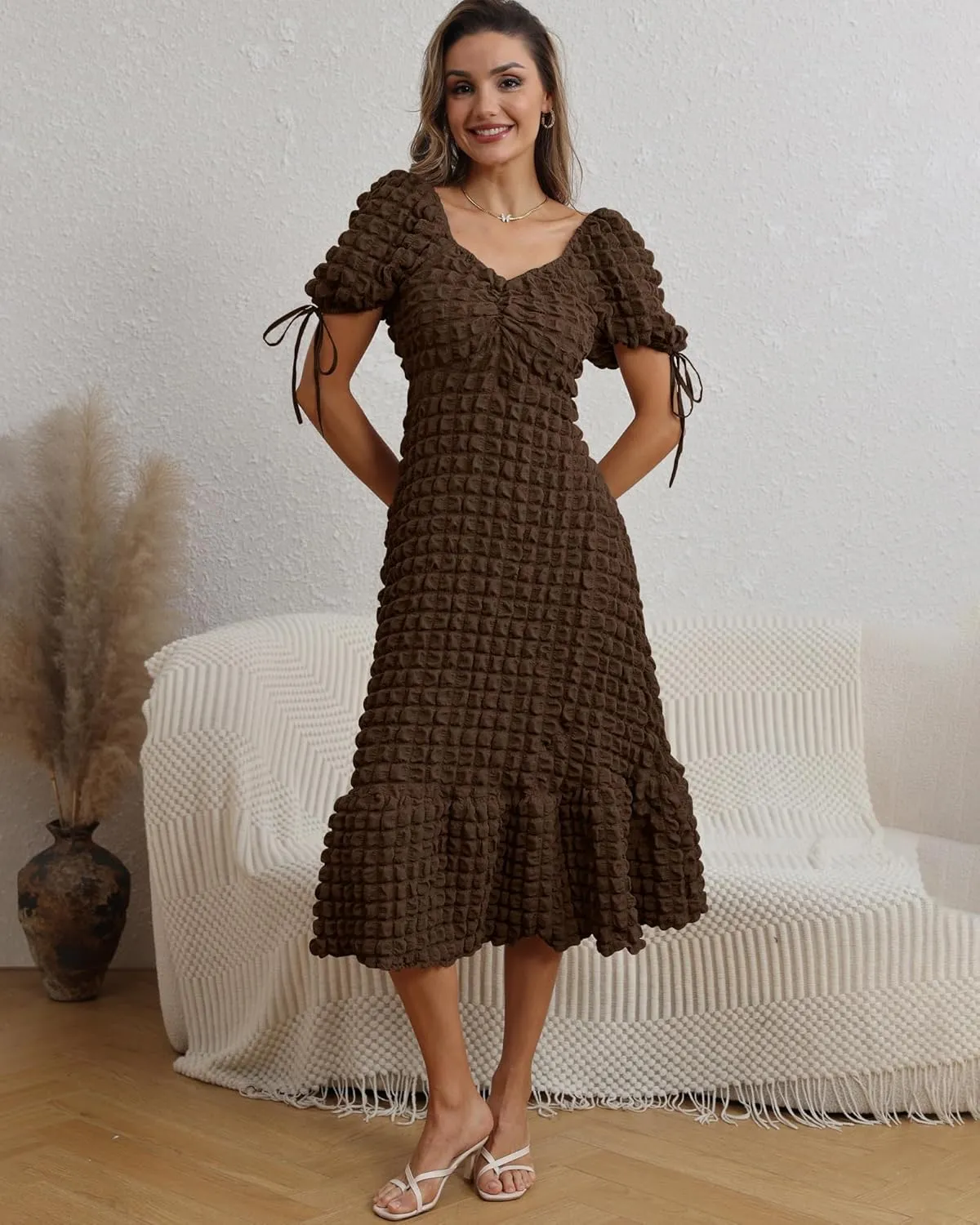Locachy Womens Casual Summer Dresses 2024 Boho Short Sleeve V Neck Sundresses Backless Long Textured Maxi Dress