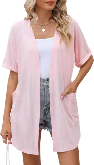 LOMON Women's Cardigans Open Front Lightweight Long Cardigan Summer Short Sleeve Casual Cover Ups with Pockets