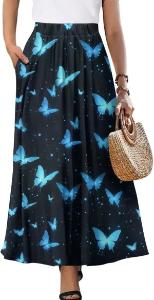 Long Skirt with Pockets for Women Summer High Waist A-line Swing Novelty Skirt Size S-2XL