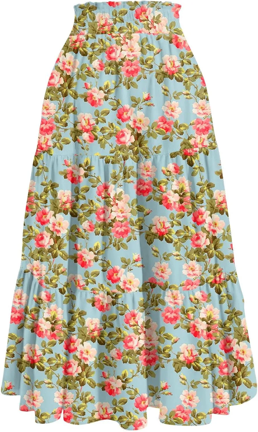 Long Skirts for Women Elastic High Waisted Tiered Ruffle Long Floral Skirts Summer Trendy Boho Flowy Skirt with Pockets