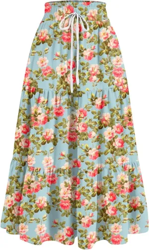 Long Skirts for Women Elastic High Waisted Tiered Ruffle Long Floral Skirts Summer Trendy Boho Flowy Skirt with Pockets